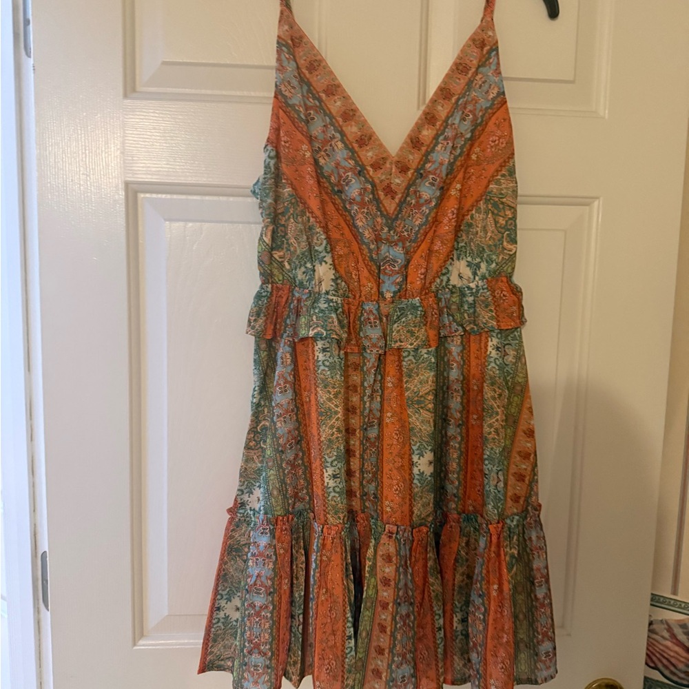 Bohemian Orange & Green Striped V-Neck Summer Dress